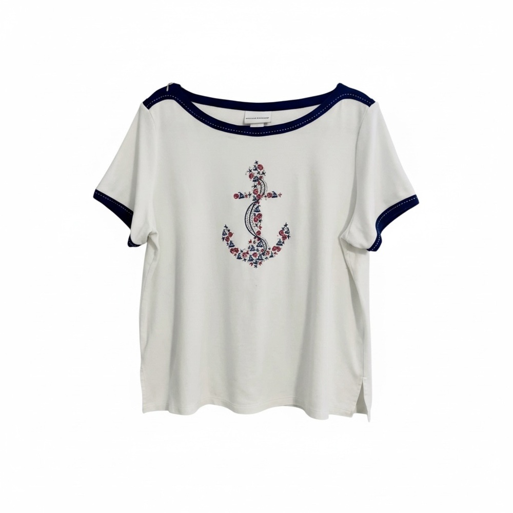 Alfred Dunner Top Women's L White Nautical Embellished Anchor T-Shirt Coastal